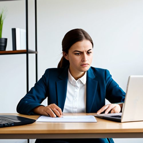 Home 14 A young adult in modest professional casual attire, sitting at a modern desk in a home office, looking frustrated while interacting with a laptop displaying a complex digital government services website. Physical documents are neatly stacked nearby. In the background, a calm and professional administrative consultant in a business suit subtly observes with an understanding expression. Professional photography, high-resolution, natural lighting, fully clothed, modest clothing, appropriate attire, professional dress, safe for work, appropriate content, perfect anatomy, correct proportions, natural pose, well-formed hands, proper finger count, family-friendly.