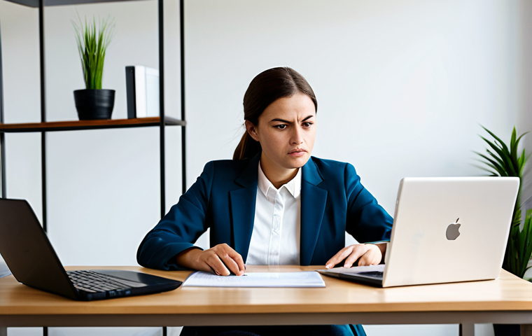 A young adult in modest professional casual attire, sitting at a modern desk in a home office, looking frustrated while interacting with a laptop displaying a complex digital government services website. Physical documents are neatly stacked nearby. In the background, a calm and professional administrative consultant in a business suit subtly observes with an understanding expression. Professional photography, high-resolution, natural lighting, fully clothed, modest clothing, appropriate attire, professional dress, safe for work, appropriate content, perfect anatomy, correct proportions, natural pose, well-formed hands, proper finger count, family-friendly.