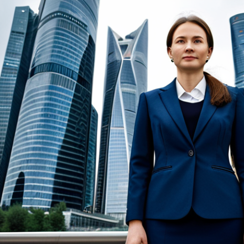 Home 9 **
"A professional woman in a modest, dark blue business suit, standing confidently in front of the Moscow City business district. Background includes modern skyscrapers and a slightly overcast sky. Fully clothed, appropriate attire, safe for work, perfect anatomy, natural proportions, professional, high-quality photo."
**