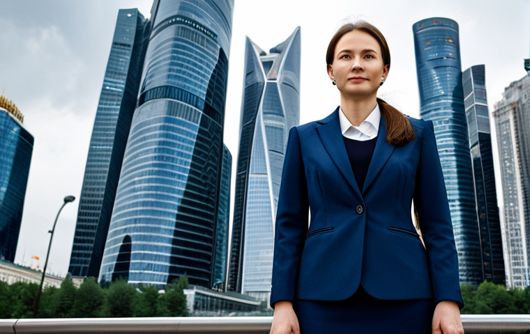 **

"A professional woman in a modest, dark blue business suit, standing confidently in front of the Moscow City business district. Background includes modern skyscrapers and a slightly overcast sky. Fully clothed, appropriate attire, safe for work, perfect anatomy, natural proportions, professional, high-quality photo."

**