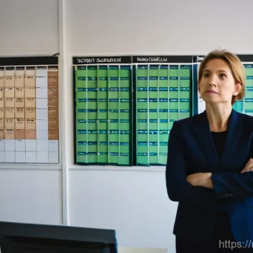 Home 23 자치행정사 이론과 실무 차이 - A dedicated municipal worker, a woman in her late 40s wearing business casual attire, stands in a sl...