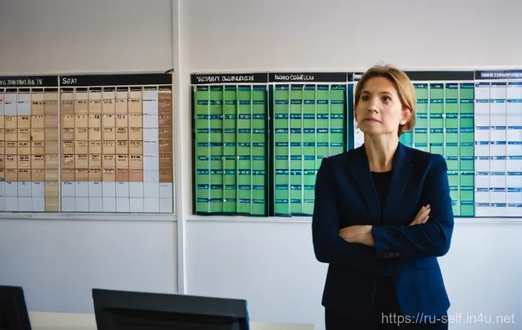 자치행정사 이론과 실무 차이 - A dedicated municipal worker, a woman in her late 40s wearing business casual attire, stands in a sl...