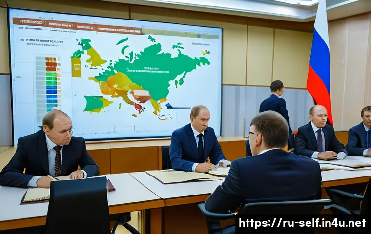자치행정사 자격취득방법 - A professional office scene showing a diverse group of Russian local government officials in formal ...