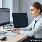 자치행정사 연봉 트렌드 - A professional administrative specialist working at a modern office desk in Moscow, Russia, surround...