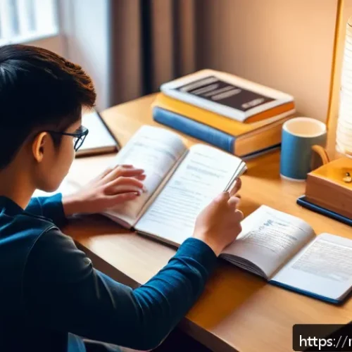 자치행정사 시험 시간 관리 - A detailed scene of a student sitting at a wooden desk in a cozy study room filled with law textbook...