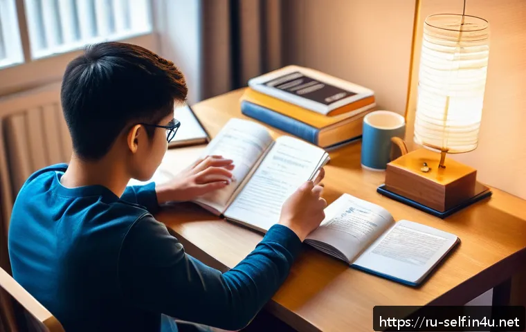 자치행정사 시험 시간 관리 - A detailed scene of a student sitting at a wooden desk in a cozy study room filled with law textbook...